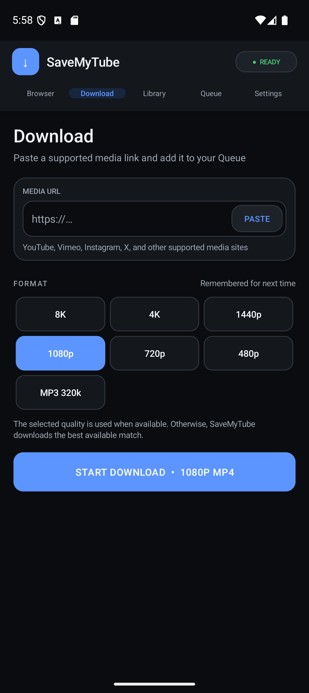 SaveMyTube Download screen