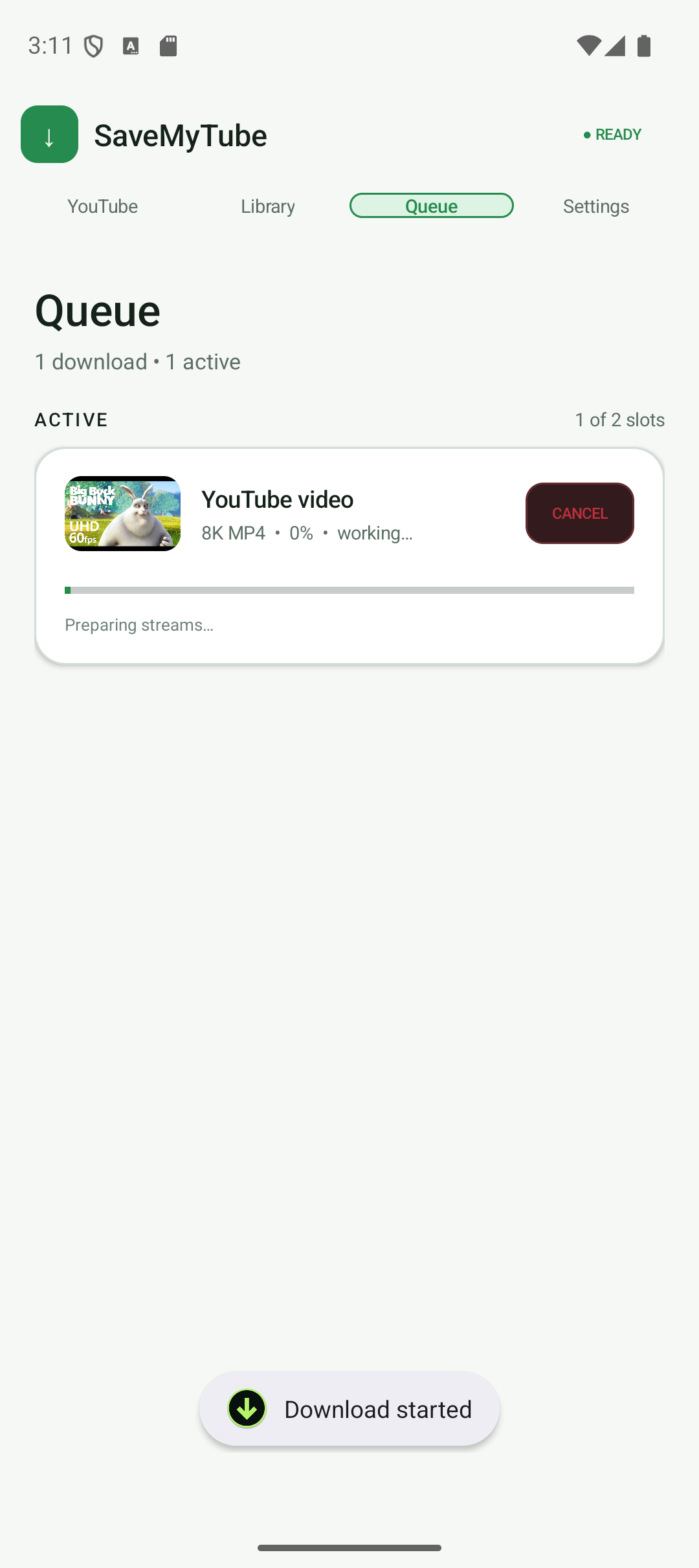 SaveMyTube Queue screen
