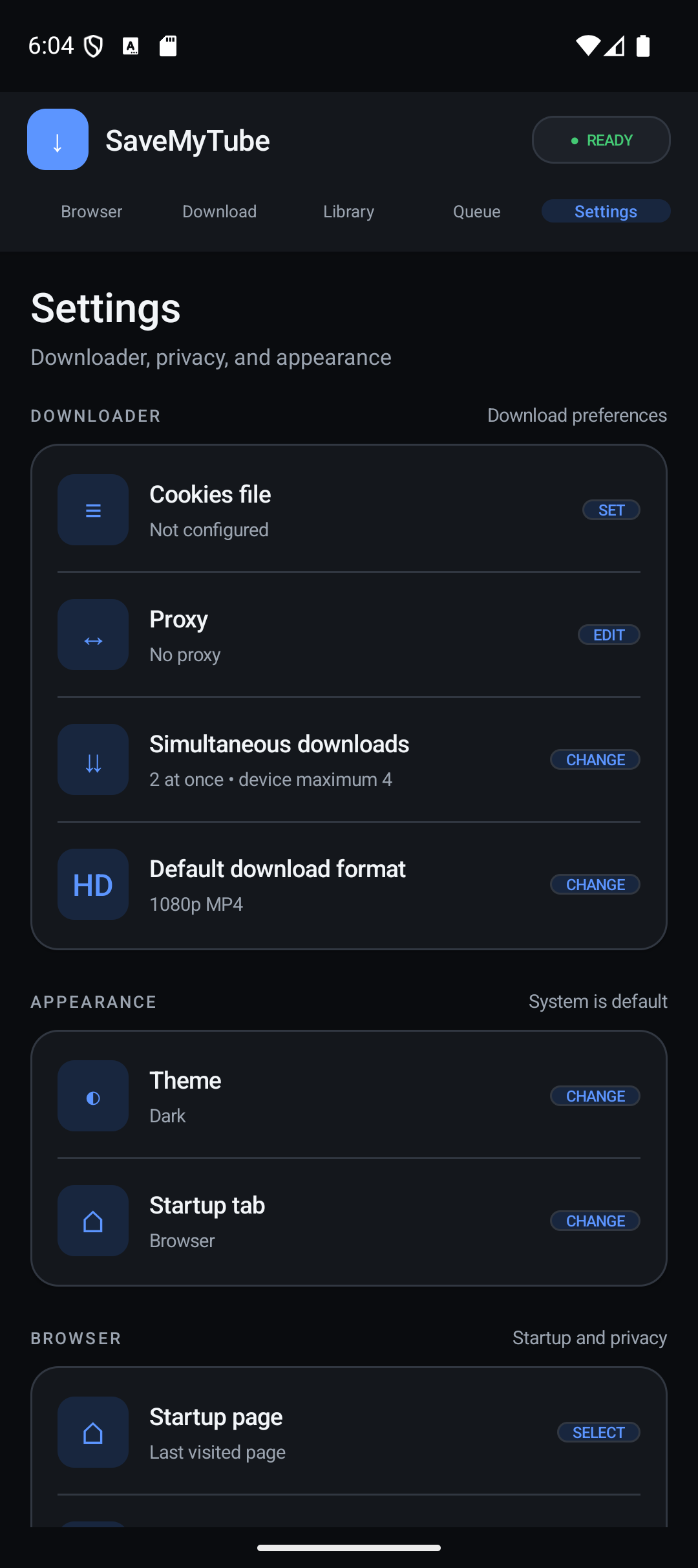 SaveMyTube Settings screen
